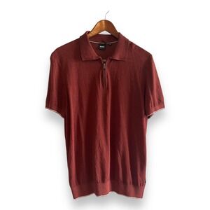 BOSS Hugo Boss Mens Rust Red Linen Blend Quarter Zip Polo Shirt Size M